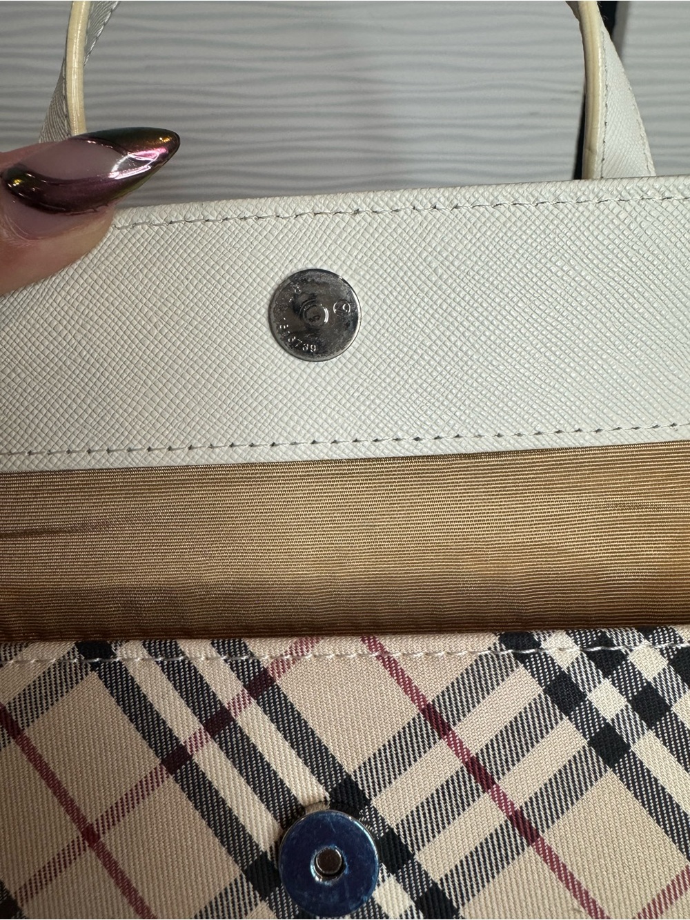 Beige Check Satchel with Cream Leather Trim - Picture 14 of 16